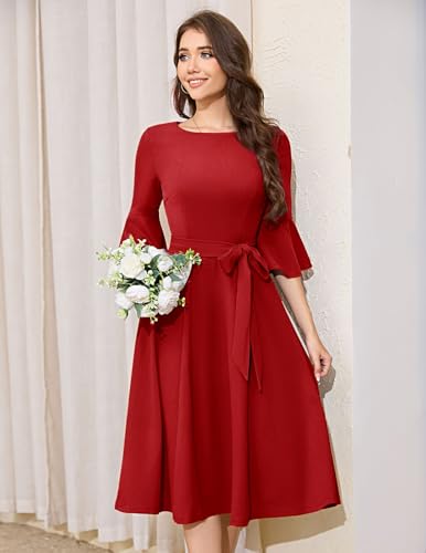 Image of HomRain Women's Church Dresses Modest Bell Sleeve Wedding Guest Cocktail Tea Party Vintage Evening Dress