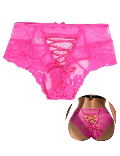 ohmydear Women's Plus Size French Knickers Lace Thong Pink Sexy Panties Sissy Criss Cross Underwear High Waist Cute G String Hollow Out Bikini Briefs, Size 24