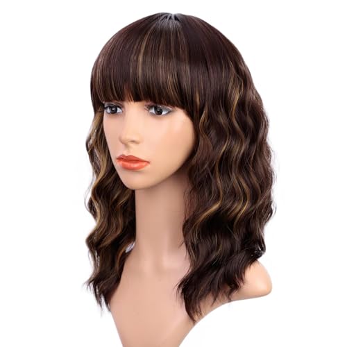 ENTRANCED STYLES Dark Brown Wigs with Bangs Wavy Bob Wig Brown Highlighted Wigs for Women Daily Party Cosplay Use …