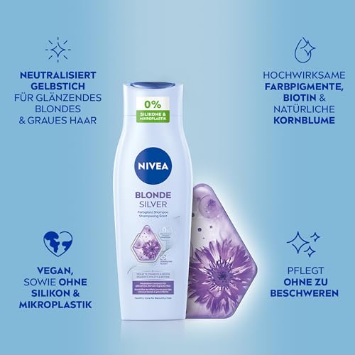 NIVEA Blonde Silver Farbglanz Shampoo, Silbershampoo frischt blondes, silbernes & graues Haar auf, pflegendes Haarshampoo mit violetten Farbpigmenten, Kornblume & Biotin (250ml)