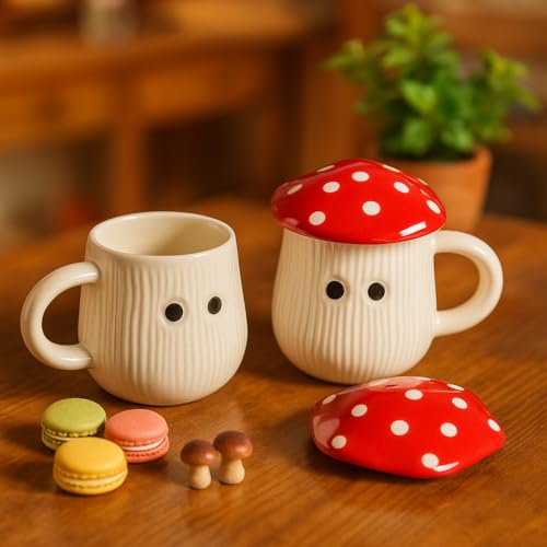 Image of The Deluxe Creations Ceramic Coffee Mug with Lid - Set of 2, 200ml Each - Cute Mushroom Mug for Coffee & Tea, Microwave & Dishwasher Safe, Gift for Christmas & New Year, Office & Home
