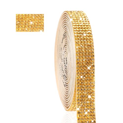 Styquenzer 582437_1_GHS2P9ML 3 Yards Self Adhesive Rhinestone Ribbons Roll 0.51 Inch Crystal Diamond Ribbon Rows Crystal Rhinestone Chain Gold Rhinestones Trim Bling Rhinestone Strips Glitter Gold Tape cover