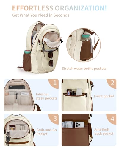 Image of ECOHUB Travel Backpack for Women, 17.3 inch Suspended Laptop Backpack, Fashion Water-Resistant 28L Personal Item Bag with 12 Pockets for Causal, Work, Cream & Brown