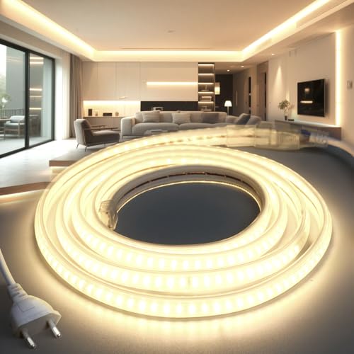 BRIMETI Ruban LED Néon 220V 5M Étanche IP65 LED Bande Imperméable Blanc Naturel 4000K Flexible Découpable en avec Alimentation, Lumière pour Intérieur et Extérieur Maison Cuisine Chambre Escalier