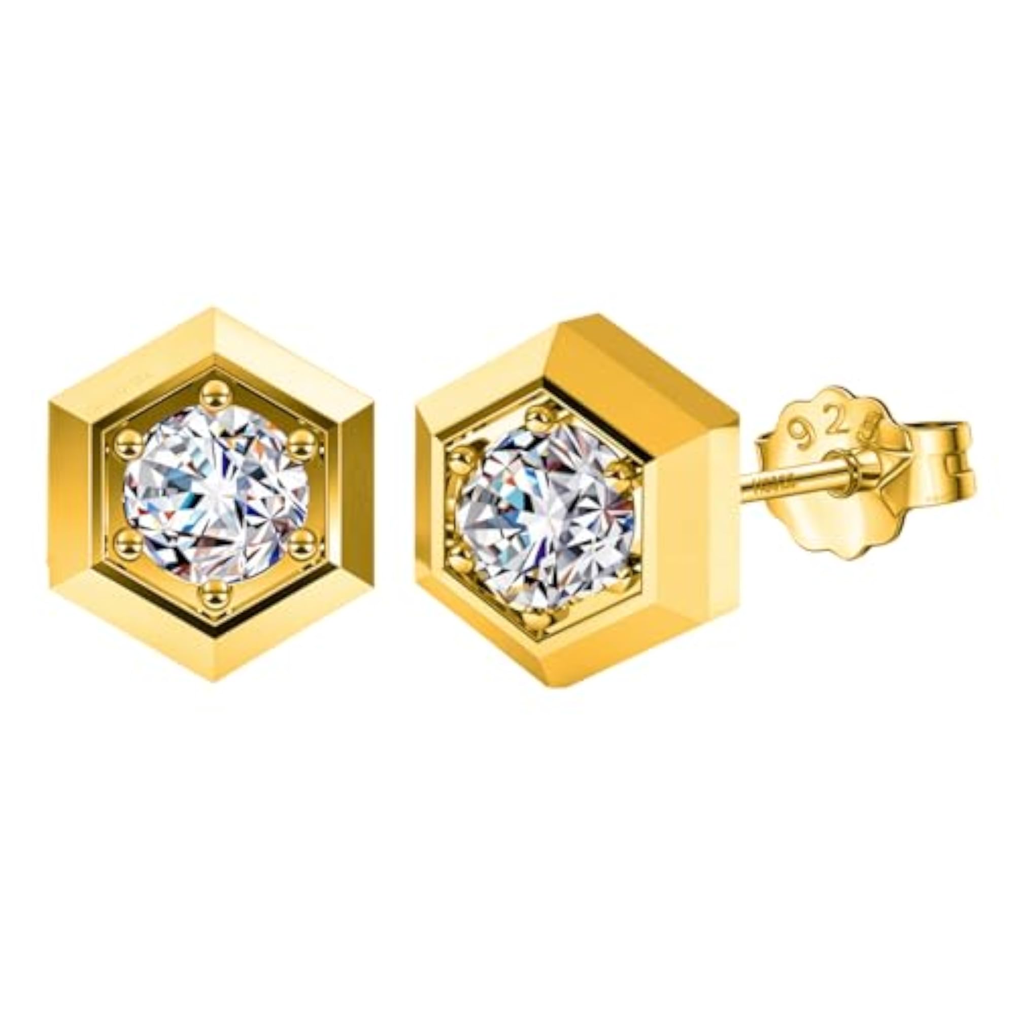 Women's 925 Silver Hexagon Solitaire Earrings in 18K Gold Finish