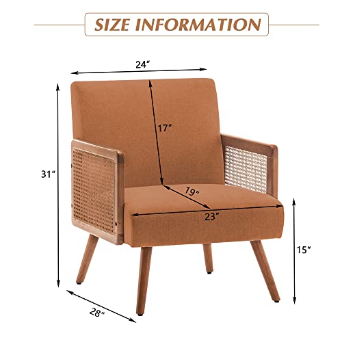 Yongqiang Rattan Accent Chairs Set Of 2, Upholstered Arm Chairs For Bedroom Living Room Side Chairs Comfy Reading Chair Orange Linen Fabric #TOP1
