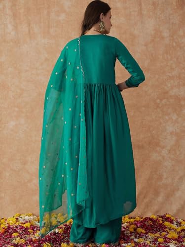 Image of SheWill Women's Vichitra Zari Sequence Embroidery Alia Cut Kurta with Palazzo Dupatta Set