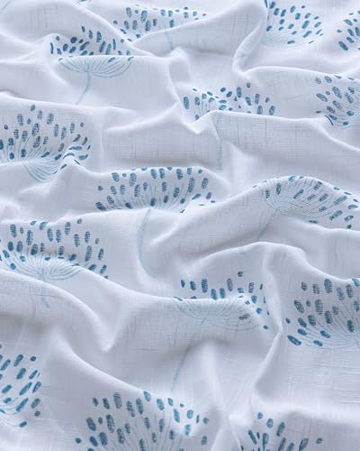 Image of THE LINEN COMPANY Cotton Linen Solid Sheer Small Window Curtain Set with Steel Eyelet Rings, 4 Feet, Blue Dandelions, Pack of 2 Pcs