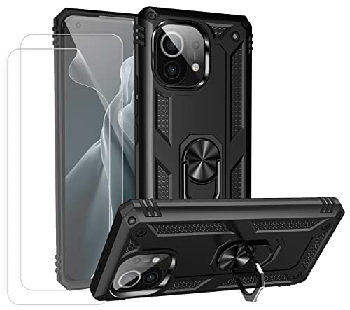JOYTAG Funda para Xiaomi Mi 11/Mi 11 5G,Carcasa +Protector Pantalla[2 Piezas] Silicona TPU 360 Grados Anillo Giratorio magnético Soporte Caja del teléfono del Coche-Negro