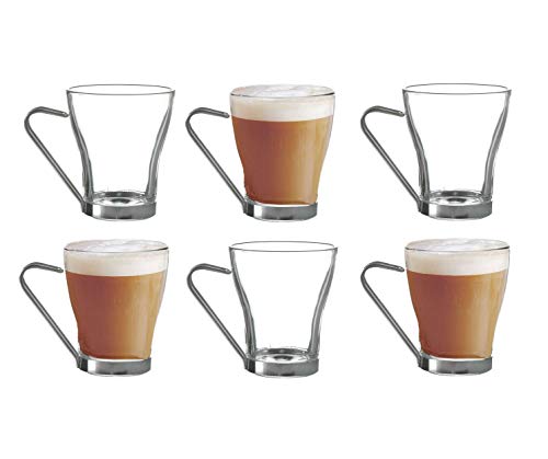 NAPOLI 6 Piece Coffee Glasses Cups With Metal Handle Set 22cl 220ml Set Of 6 Clear Glass Expresso Coffee Cappuccino Iced Tea Cups Glasses Mugs
