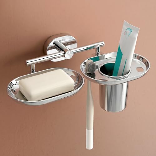 Image of Plantex J4 Stainless Steel Soap Dish with Tumbler Holder /Soap and Brush Holder for Bathrooom /2 in 1 Soap Holder with Toothbrush Holder /Bathroom Accessories (Chrome Finish) Onix