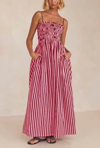 Image of KMBANGI Women Striped Sleeveless Maxi Dress Swing Patchwork Midi Dress Smocked Spaghetti Strap Colorful Long Sundress