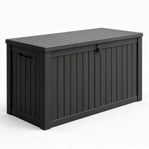 Image of 180 Gal Deck Box, Outdoor Storage Box Waterproof Lockable, Gas Lift,Black | Large sturdy grey resin deck box, double wall panels, waterproof backyard storage for package delivery, garden hoses tools