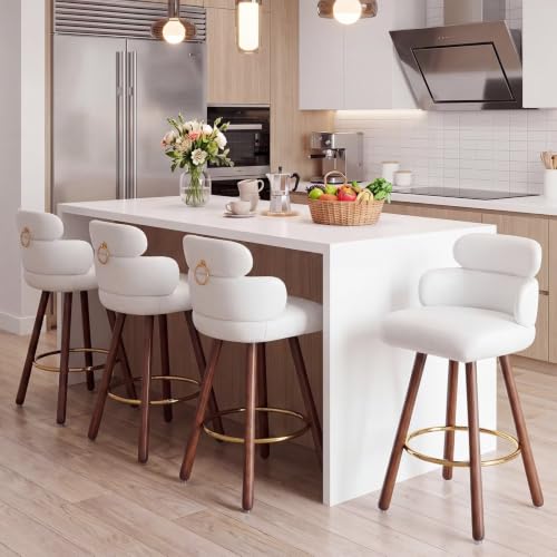 Conjunto de 4 Butacos Giratorios para Barra Alta de 26 Pulgadas, Blanco en Cuero Sintético | Altura Ideal para Barras de 35-39 Pulgadas, Estructura de Madera Maciza, Rotación Segura de 360°, Fácil Limpieza y Antideslizante miniatura 1