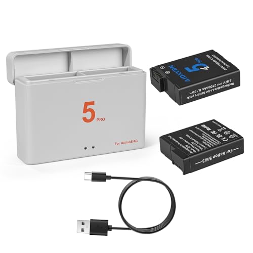 AIDXVBN Action 5 Pro/4/3 Charger Set Including 2 Pack 2100mAh Action 5 Pro Batteries and a 2-Channel Fast Charger Compatible with DJI Osmo Action 5 Pro Osmo Action 4 and Osmo Action