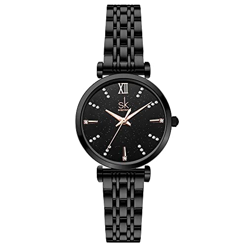 SHENGKE SK Relojes clásicos para Mujer, Reloj de Vestir a la Moda para Mujer, Correa de Acero Inoxidable sólido, Correa de Cuero Genuino (Black-Starry)