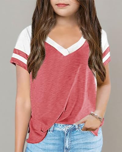 Kids Tops V Neck Short Sleeve Summer Tshirts Girls Color Block Side Split Loose Athletic Tees3