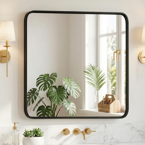 Image of NEWBULIG 30 inchx30 inch Black Wall Mirror, Bathroom Mirrors for Over Sink, Matte Metal Framed Vanity Mirror with Tempered Glass, Entryway, Living Room, Bedroom