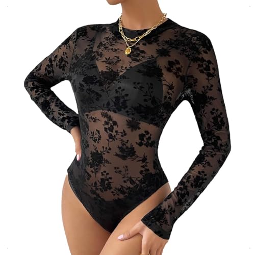 Body da donna in pizzo sexy, manica lunga in rete trasparente