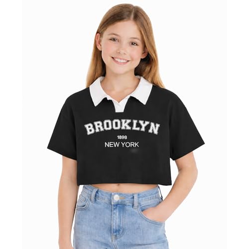 Image of FUNKY MONKEY Girls Cotton Crop Polo T-Shirt | Half Sleeve Collar Neck Printed Top | Stylish Kids Crop Tee for Girls