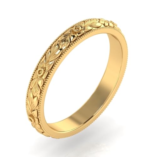 UNIQUE CAD DESIGN 3mm Handmade Leaf Vintage Style Victorian Filigree Engraved Wedding Band Ring (Gold, 8)
