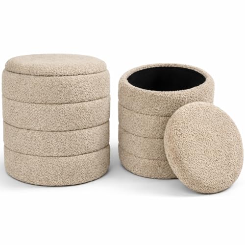 BAKAJI Juego de 2 pufs contenedores Teddy con revestimiento Bounclé, reposapiés redondo con asiento acolchado de alta densidad ergonómico, tapa extraíble y compartimento de almacenamiento espacioso
