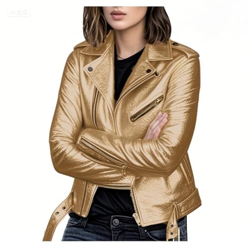 Veste de motard femme dorée en simili cuir PU coupe slim taille XL pour un style chic et moderne
