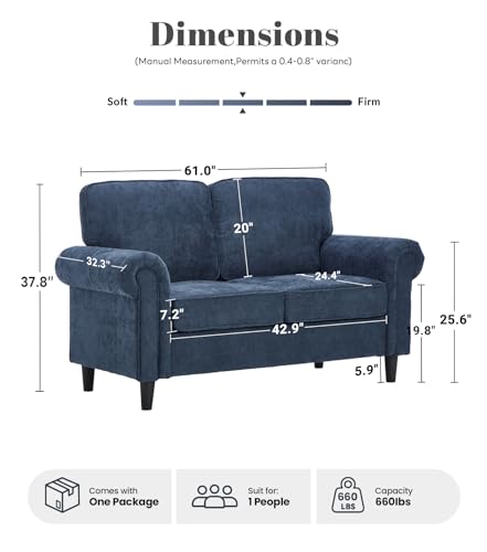 Image of Kingfun Loveseat 2 Seater Couch, Mid Century Modern Chenille Sofa with Rolled Arms and Deep Seats, Fluffy Comfort for Living Room, Apartment, Easy Assembly, Blue