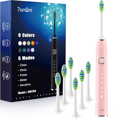 Image of 7AM2M Sonic Electric Toothbrush for Adults,Type-C Charging Run for 120 Days, with 6Brush Heads (Pink)
