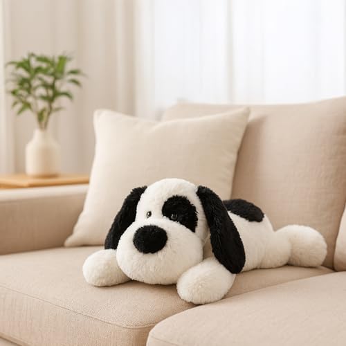 WEIGEDU Plüschhund Kuscheltier Schwarz-Weiß – Weiches Stofftier Hund 50 cm, Liegender Kuschelhund Plüschtier, Geschenk für Kinder & Erwachsene