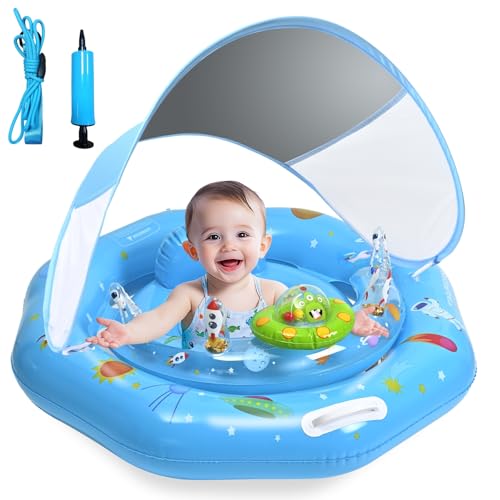 GEEQUFLOAT Baby Pool Float with Canopy & Toy Console,Adjustable Safe Seat,Removable UPF50+ Sunshade...