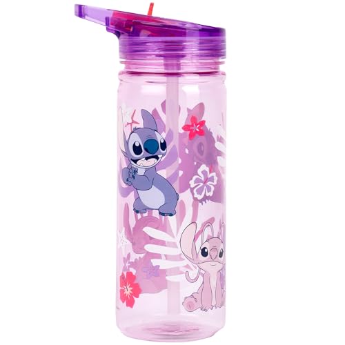 Disney Stitch - Botella de agua con pajita de 580 ml, 100% a prueba de fugas, duradera, para escuela, plástico resistente y sin BPA, color rosa