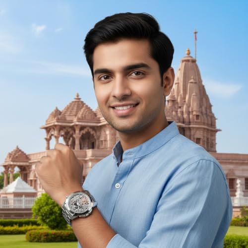 Image of Shree Ram Skeleton Watch, Ayodhya Mandir Theme, Mechanical Look Quartz, Stainless Steel Metal Bracelet, Round Dial with Deity Engraving for Man and Boyes