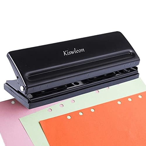 Kiswleon 6 Fach Locher Binder Puncher,Büro Binder Puncher für Verstellbare Abstände Metall Locher für A3 A4 A5 A6 B3 B3 B4 B5 B6 B7 Größe Sechs Ringbuch Planer,8 Blatt Stanzkapazität(Schwarz) Cover