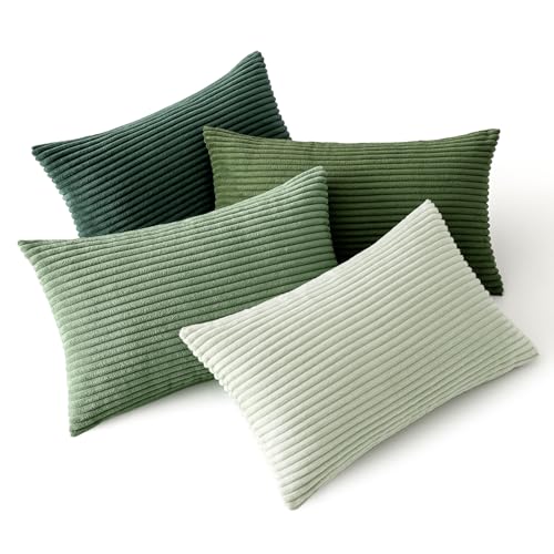 Image of MIULEE Boho Farmhouse Sage Green Throw Pillow Covers 12x20 Inch Set of 4 Mordern Nordic Cushion Covers Soft Corduroy Spring Home Decor for Couch Bed Sofa Living Room Forest Green