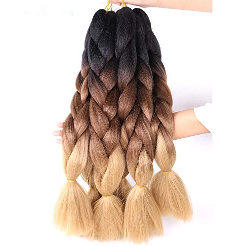 Jumbo Braiding Hair Extensions 6 Pack Kanekalon Braiding Hair 24 Inch Ombre Multiple Tone Colored Black/Dark Drown/Light Brown Synthetic Hair for Women