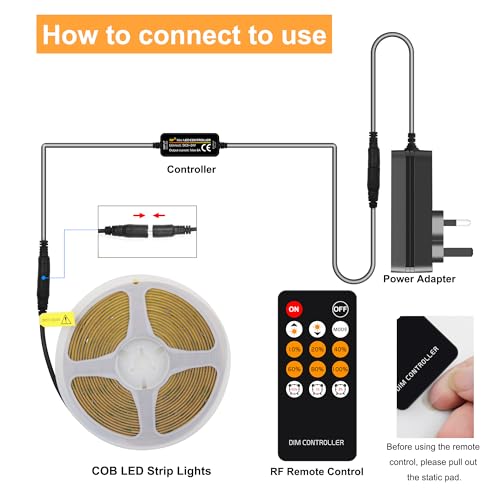 AXMOTUT COB LED Strip Light Warm White, High Bright LED Strips with 1600LEDs, RF Remote and UKCA Power Supply, 3000K Dimmable LED Lights for Bedroom, Kitchen, DIY Home Decoration