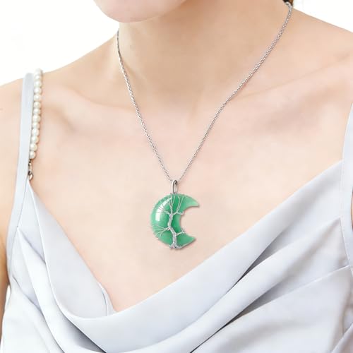 Image of XIANNVXI Tree of Life Wire Wrapped Crescent Moon Pendant Necklace Reiki Healing Crystal Stone Necklaces Natural Gemstone Quartz Jewelry for Women