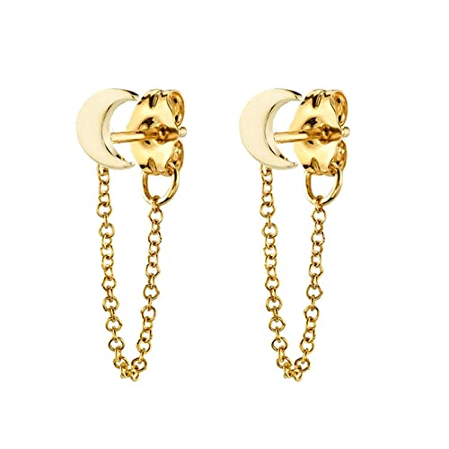 Pendientes de tuerca de plata de ley, pendientes de plata para mujer, aretes de luna con cadena larga, Sin piedra preciosa