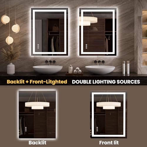 LOAAO 27.6"x35.4" LED Mirror for Bathroom, Lighted Bathroom Mirror with Lights, Anti-Fog, Dimmable, Memory Function, Easy to Install, Clear Reflection