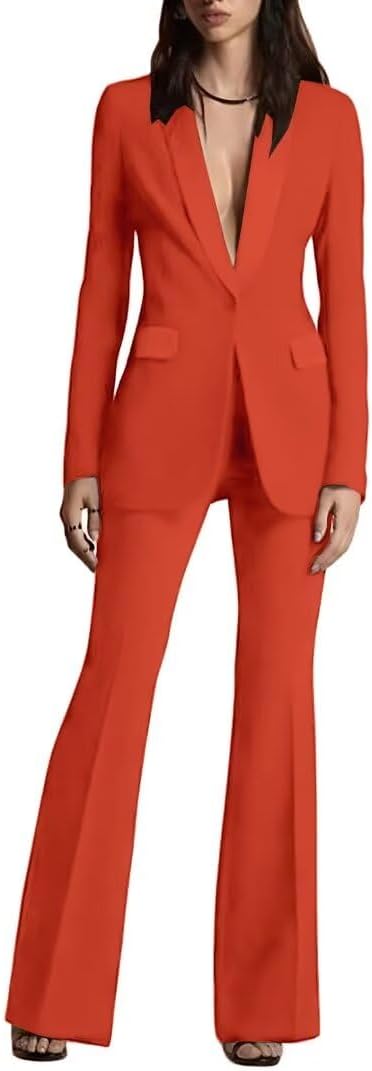 SAROULU Womens Solid Suits Set 2 Piece Business Office One Button Blazer Jacket Casual Long Sleeve Pant Suit Set