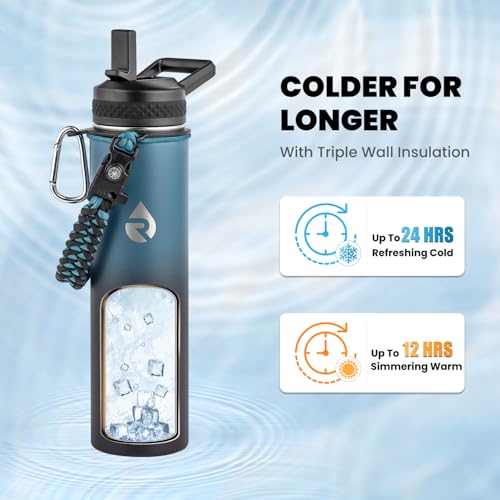 Image of RAYMYLO Insulated Water Bottle 24 oz, Triple Wall Vacuum Stainless Steel (Cold for 24Hrs, Hot for 12Hrs), Leak Proof & Non-BPA, Modern Water Flask Jug with Paracord Handle & Straw Spout Lids