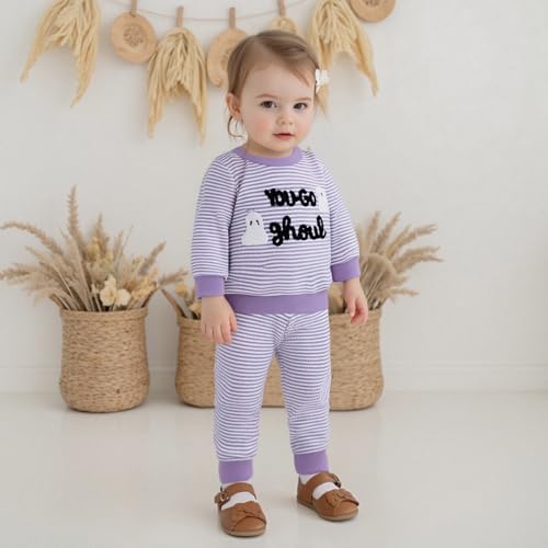 Kupretty Toddler Baby Girl Fall Clothes Halloween Outfit Cute Ghost Embroidery Striped Waffle Knit Sweatshirts + Pants Set3