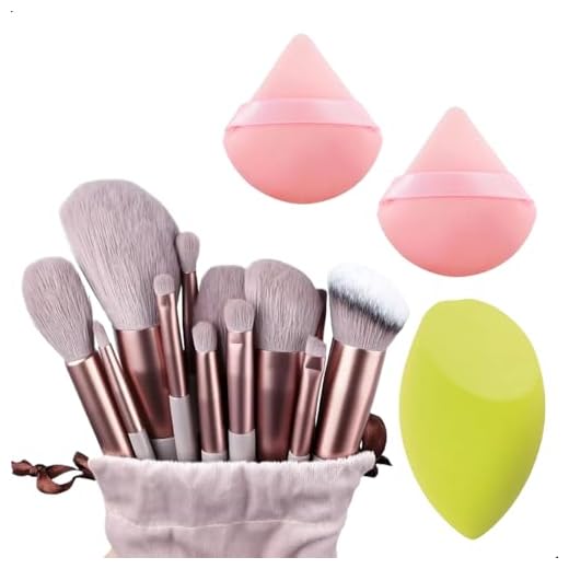 Kit com 13 Pincéis de Maquiagem, 2 Esponja de Acabamento para Pó, 1 Esponja Chanfrada, Kit Pinceis de Maquiagem, Pincel Maquiagem