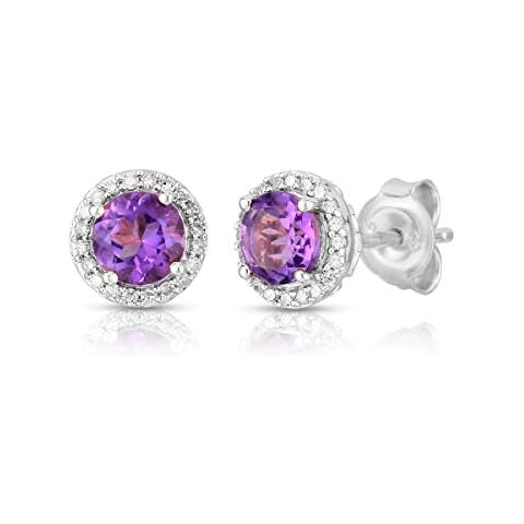 Femme Luxe Halo Birthstone Stud Earrings with Diamond in 925 Silver (Amethyst) Cover