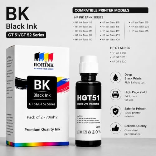 Image of ROHINK GT51 GT52 Ink Refill Dye Ink Compatible with HP Ink Tank 115, 310, 315, 319, 410, 415, 416, 419, 455, 500, 515, 530, 615, GT 5810, GT 5811, GT 5820 (HP HGT 51 Black Pack 1)
