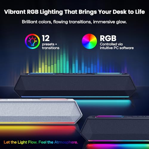 Image of Deeyaple Computer Speakers, 40W PC Speakers for Desktop Monitor with Bluetooth 5.3 & USB Audio, HiFi Stereo Gaming Soundbar with Custom EQ Software, Dynamic RGB Lighting for Laptop, PS4, PS5, Black.