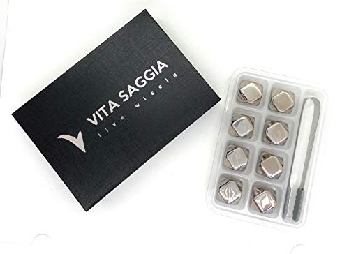 Set of 8 Whiskey Stones, Diamond Shaped Reusable Ice Cubes, Beverage Chilling Rocks, Premium Stainless Steel Gifts For Men, Dad, Christmas, Includes Storage Tray and Silicone Tip Tongs.