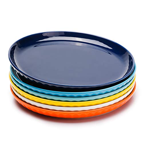 Sweese 156002 Porcelain Fluted Dinner Plates - 10 Inch - Set of 6 Multicolor Hot Assorted Colors
