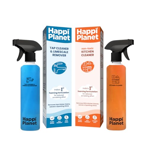 Happi Planet | Limescale Remover & Kitchen Cleaner Combo | India’s 1st Foaming Solution for Reduced Scrubbing | Suitable for Stove, Chimney, Exhaust Fan & Bathroom Fixtures, Tiles, Mirrors | 500ml x 2